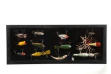 Twelve Early Fishing Lures In Display Case 1960-80