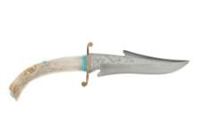 Engraved Bowie Knife w/ Carved Warrior & Turquoise