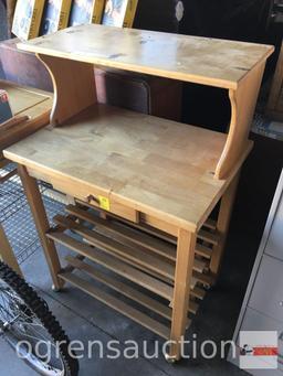 Rolling butcher block cart with top shelf, 1 drawer, slatted base shelves