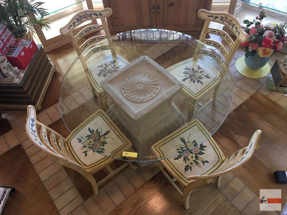 Table & 4 Chairs - 48" beveled glass top, lg. pedestal table w/ 4 floral accented wood side chairs