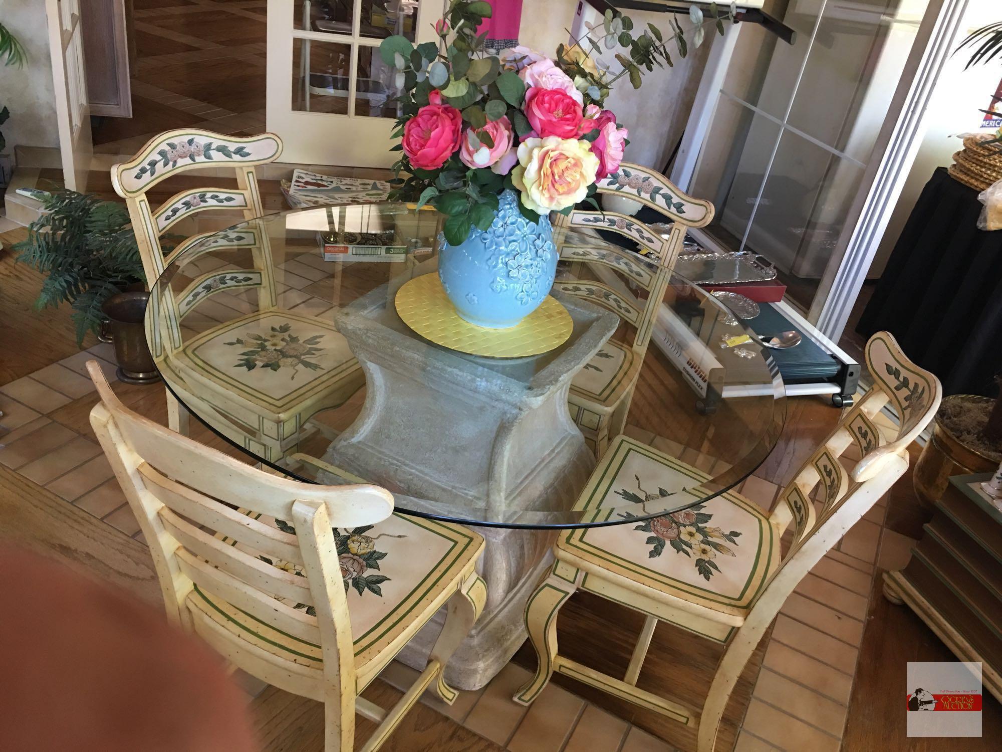 Table & 4 Chairs - 48" beveled glass top, lg. pedestal table w/ 4 floral accented wood side chairs