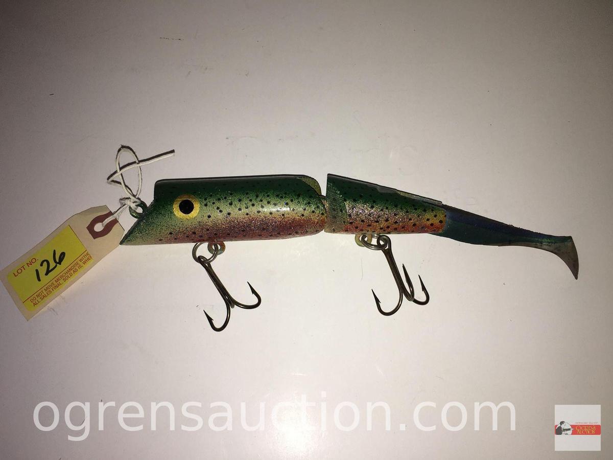 Fishing - Lures - Green/yellow/red lure with painted eyes, 10" with action tail