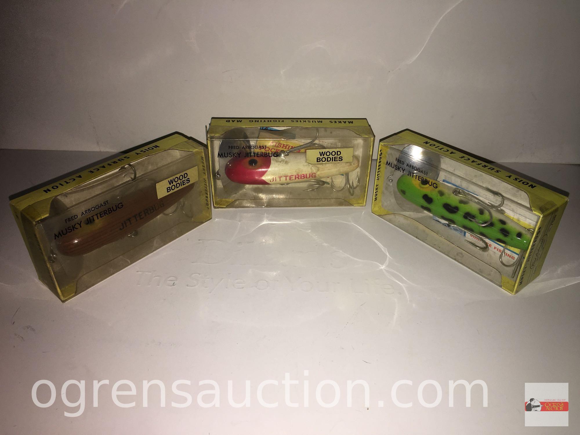 Fishing - Lures - 3 Fred Arbogast Musky Jitterbug, new in box