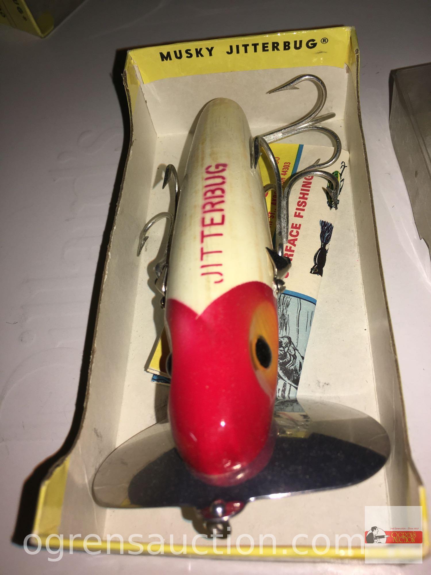 Fishing - Lures - 3 Fred Arbogast Musky Jitterbug, new in box