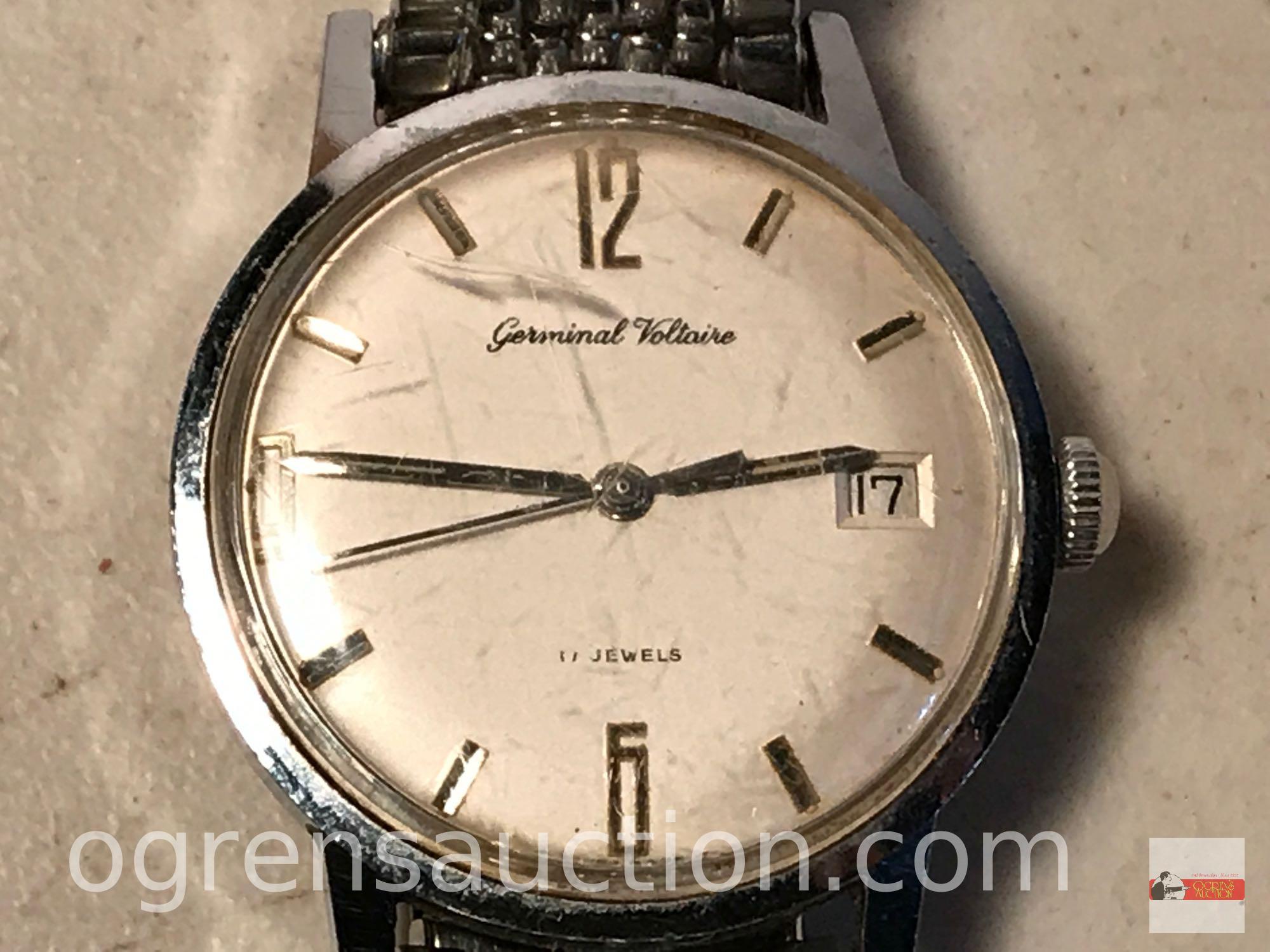 Jewelry - Vintage Germinal Voltaire men's 17 jewel wrist watch w/second hand, expandable band