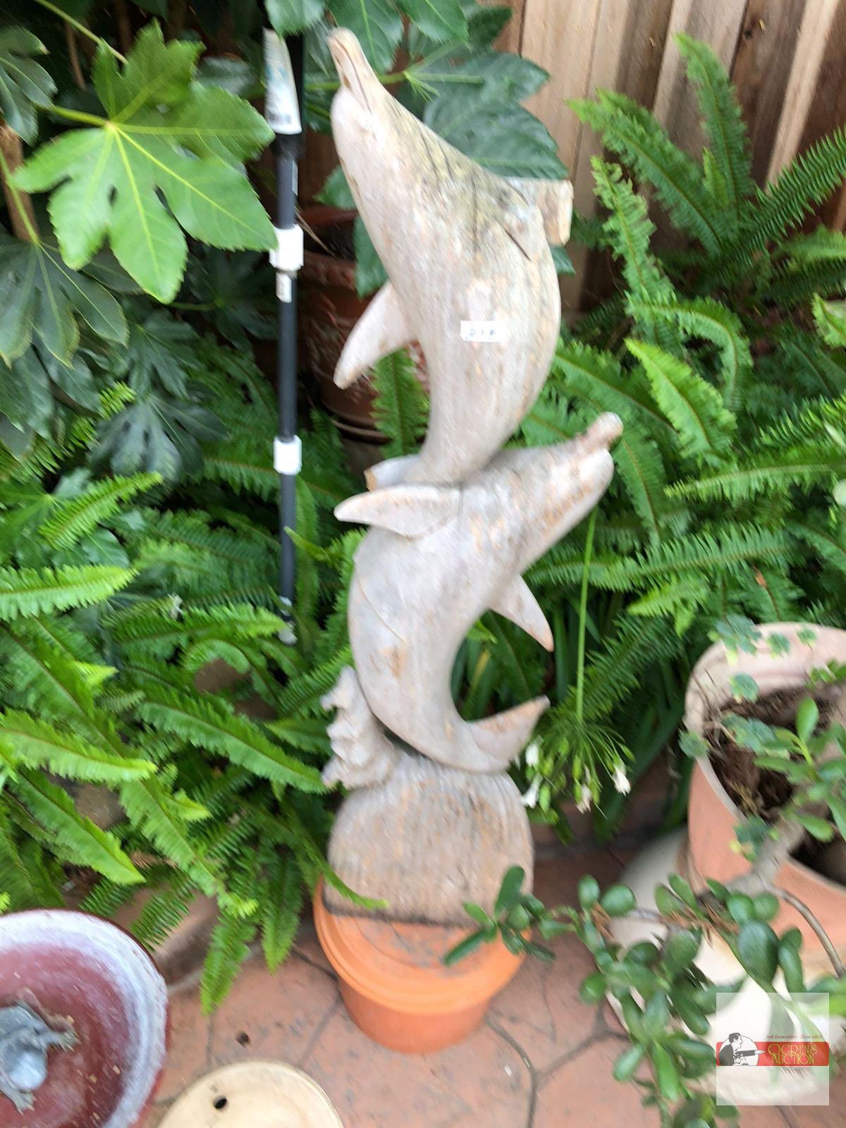 Yard & Garden - lg. wooden dolphins statue 40.5"hx10"w & terra cotta pot 9"h