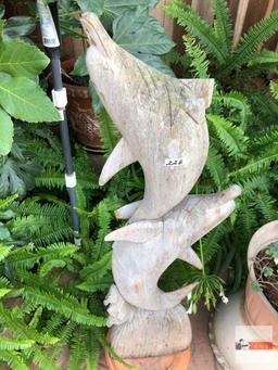 Yard & Garden - lg. wooden dolphins statue 40.5"hx10"w & terra cotta pot 9"h