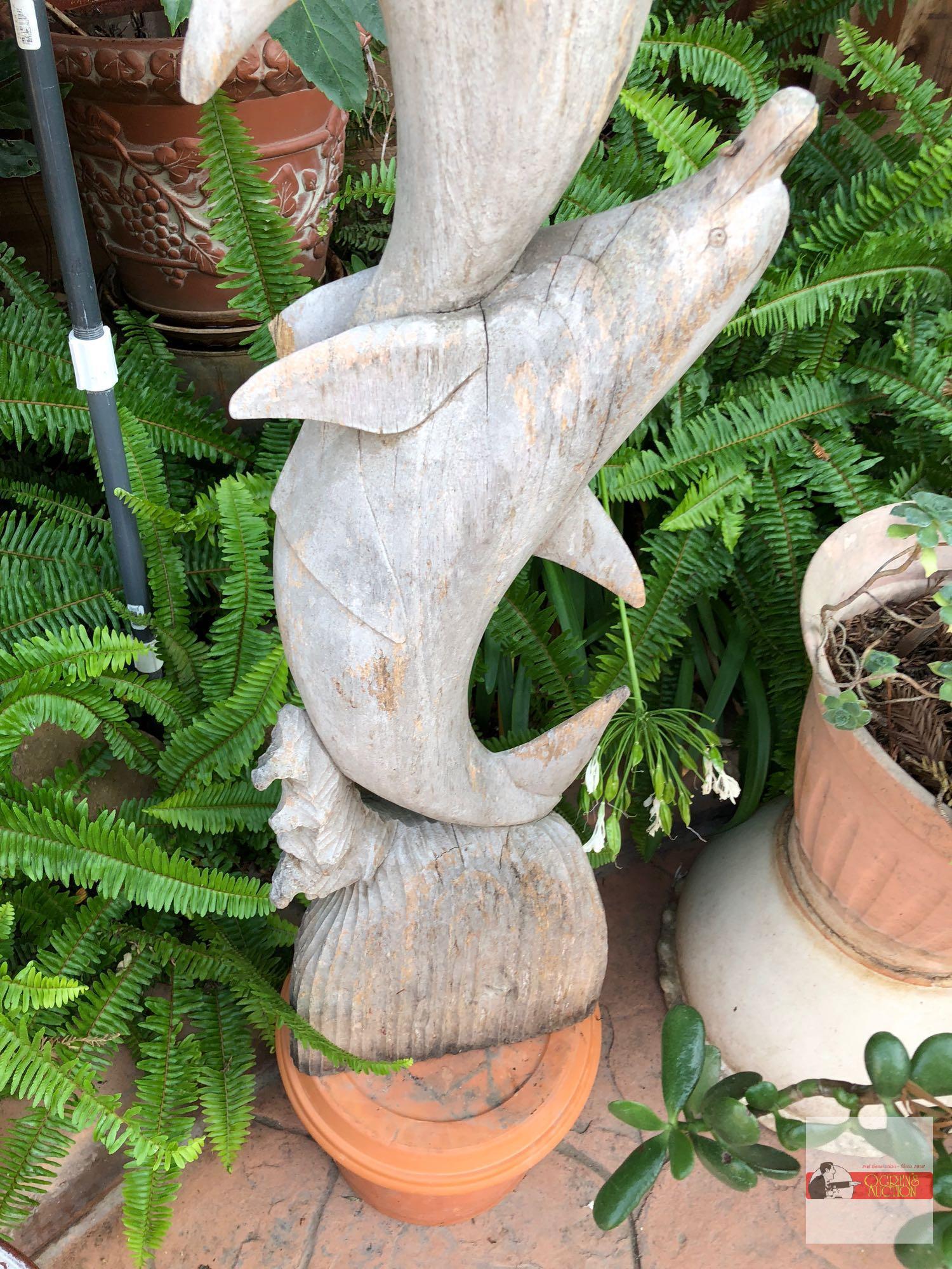 Yard & Garden - lg. wooden dolphins statue 40.5"hx10"w & terra cotta pot 9"h