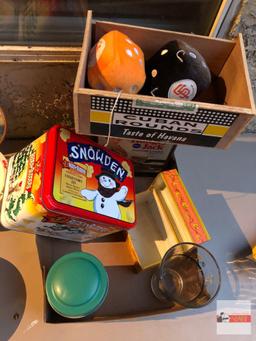 Kitchen - tins, cocktail glass, cigar box, recipe box