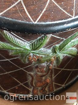 Decor - 2 lg. counter containers w/ lids, palm tree motif (1 chipped under lid), 7'hx6.5"w