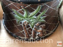 Decor - 2 lg. counter containers w/ lids, palm tree motif (1 chipped under lid), 7'hx6.5"w