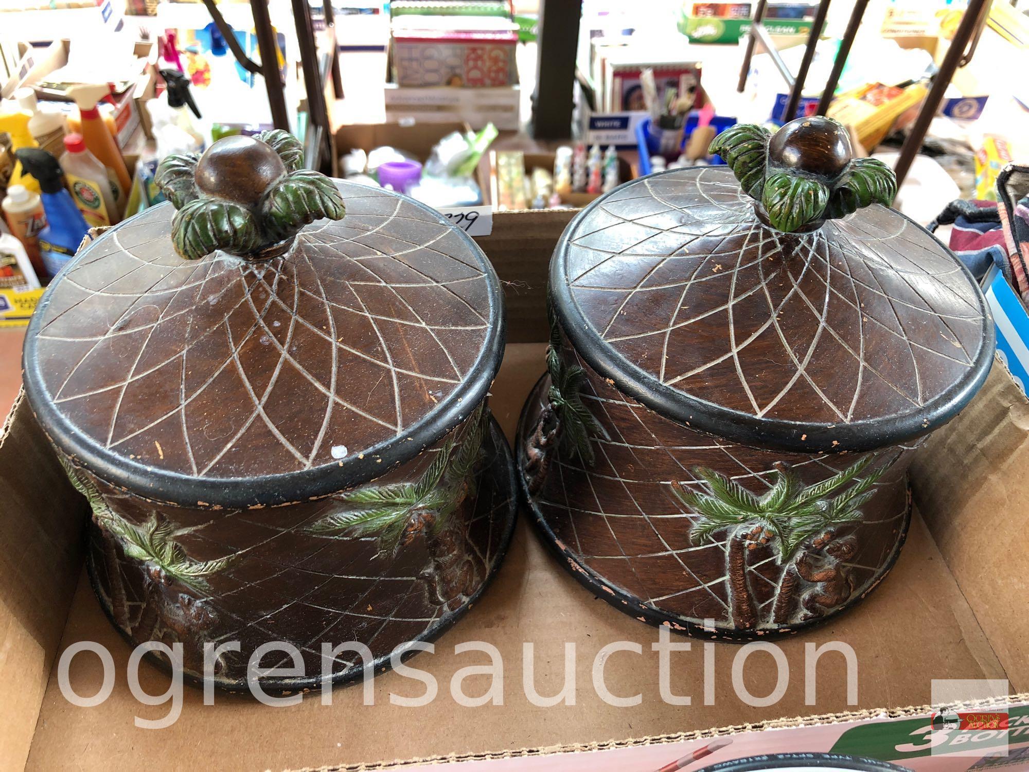 Decor - 2 lg. counter containers w/ lids, palm tree motif (1 chipped under lid), 7'hx6.5"w