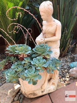 Yard & Garden - Woman w/urn statuary planter, potted hens/chickens, 32"hx18"wx22"d, natural cracking