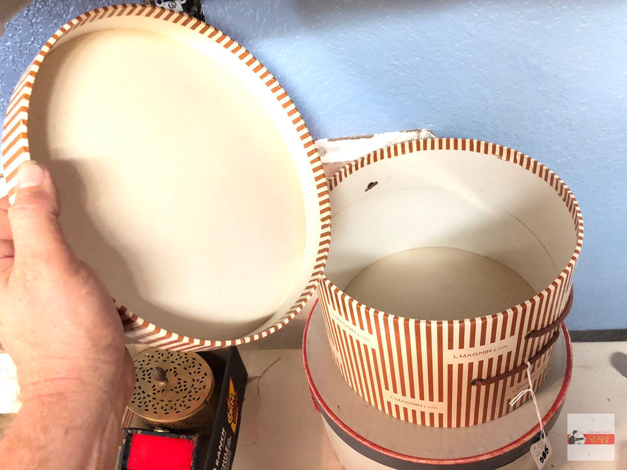 2 hat boxes, 1 Brandeis, 1 I.Magnin and homemade top hat prop