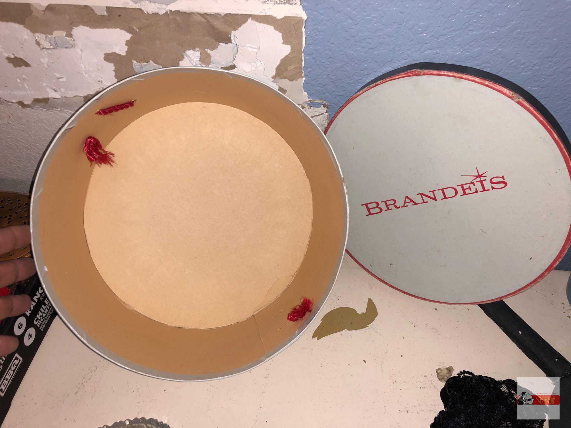 2 hat boxes, 1 Brandeis, 1 I.Magnin and homemade top hat prop