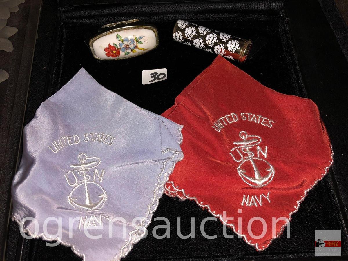 Cosmetics - vintage Coty lipstick and lipstick case holder & 2 navy handkerchiefs