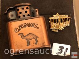 Collectibles - Vintage Camel lighter and Cable car brooch