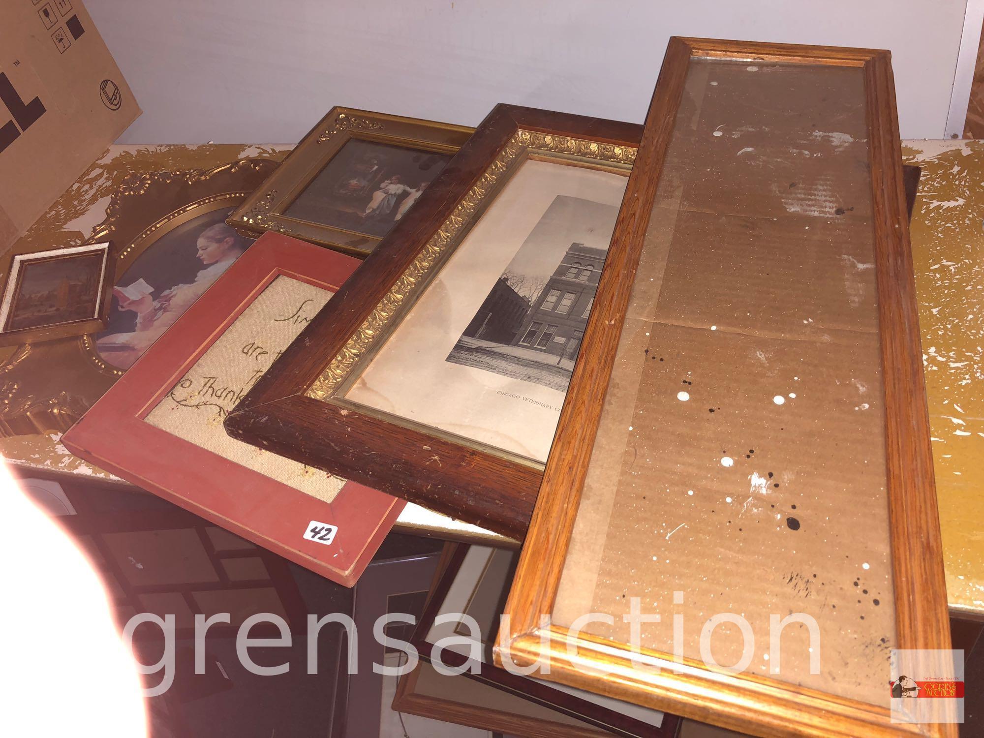 Artwork - 6 misc. decor and frames, vintage Chicago Veterinary College picture