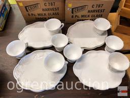Dish ware - 40 pcs. Colony Harvest Milk Glass snack sets, 5 - 8pc. sets, grapes motif, 3 orig. boxes