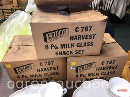 Dish ware - 40 pcs. Colony Harvest Milk Glass snack sets, 5 - 8pc. sets, grapes motif, 3 orig. boxes