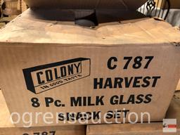 Dish ware - 40 pcs. Colony Harvest Milk Glass snack sets, 5 - 8pc. sets, grapes motif, 3 orig. boxes