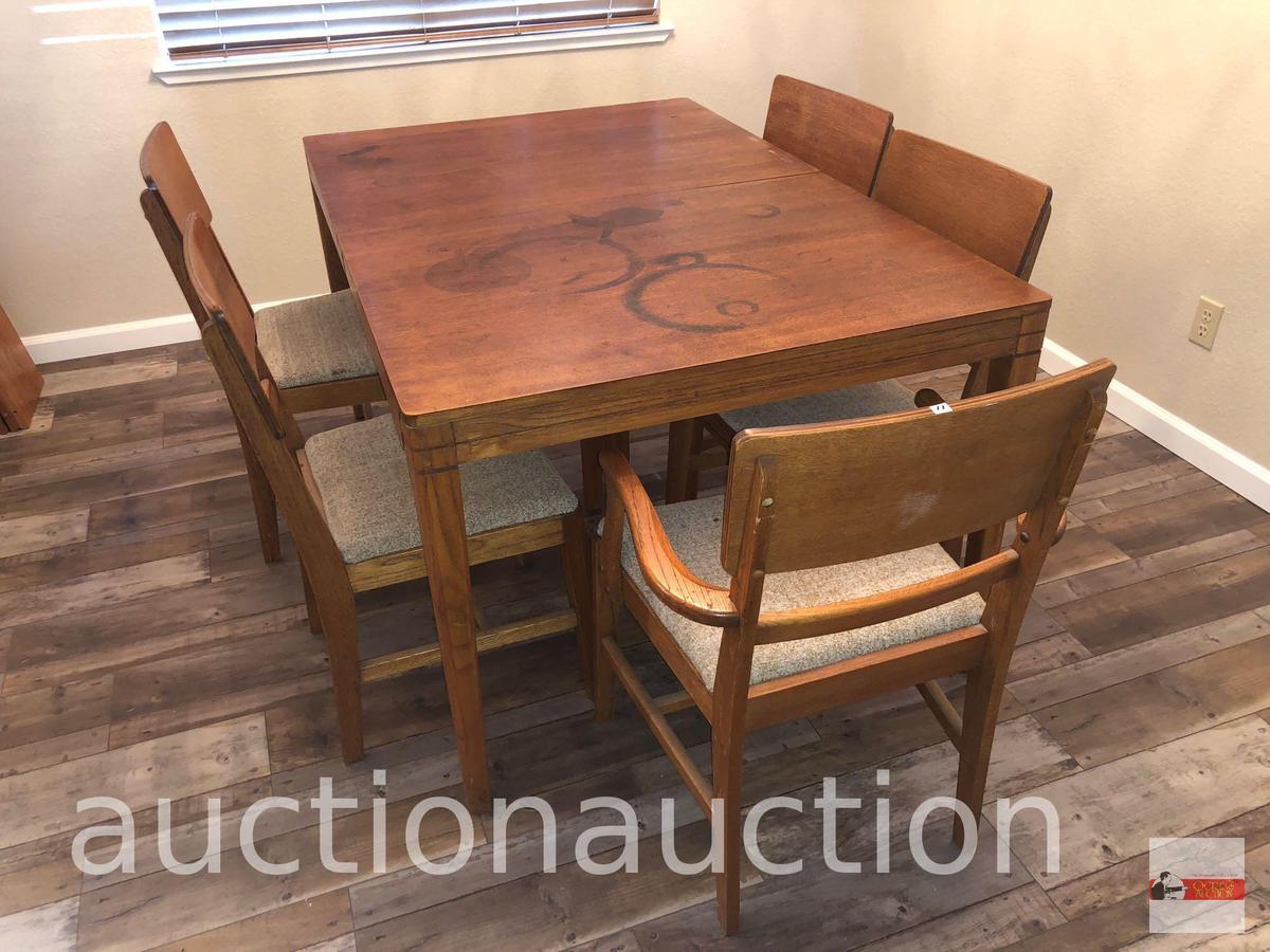 Furniture - Table and 5 upholstered seated chairs, 4 side, 1 captains, (table top stained), 40"X60"