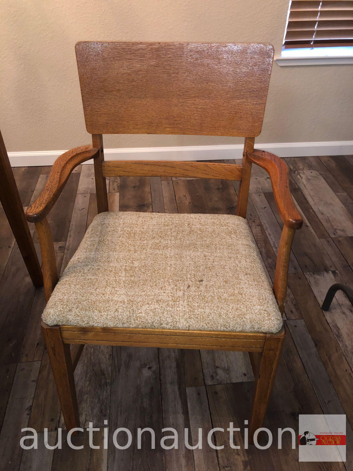 Furniture - Table and 5 upholstered seated chairs, 4 side, 1 captains, (table top stained), 40"X60"