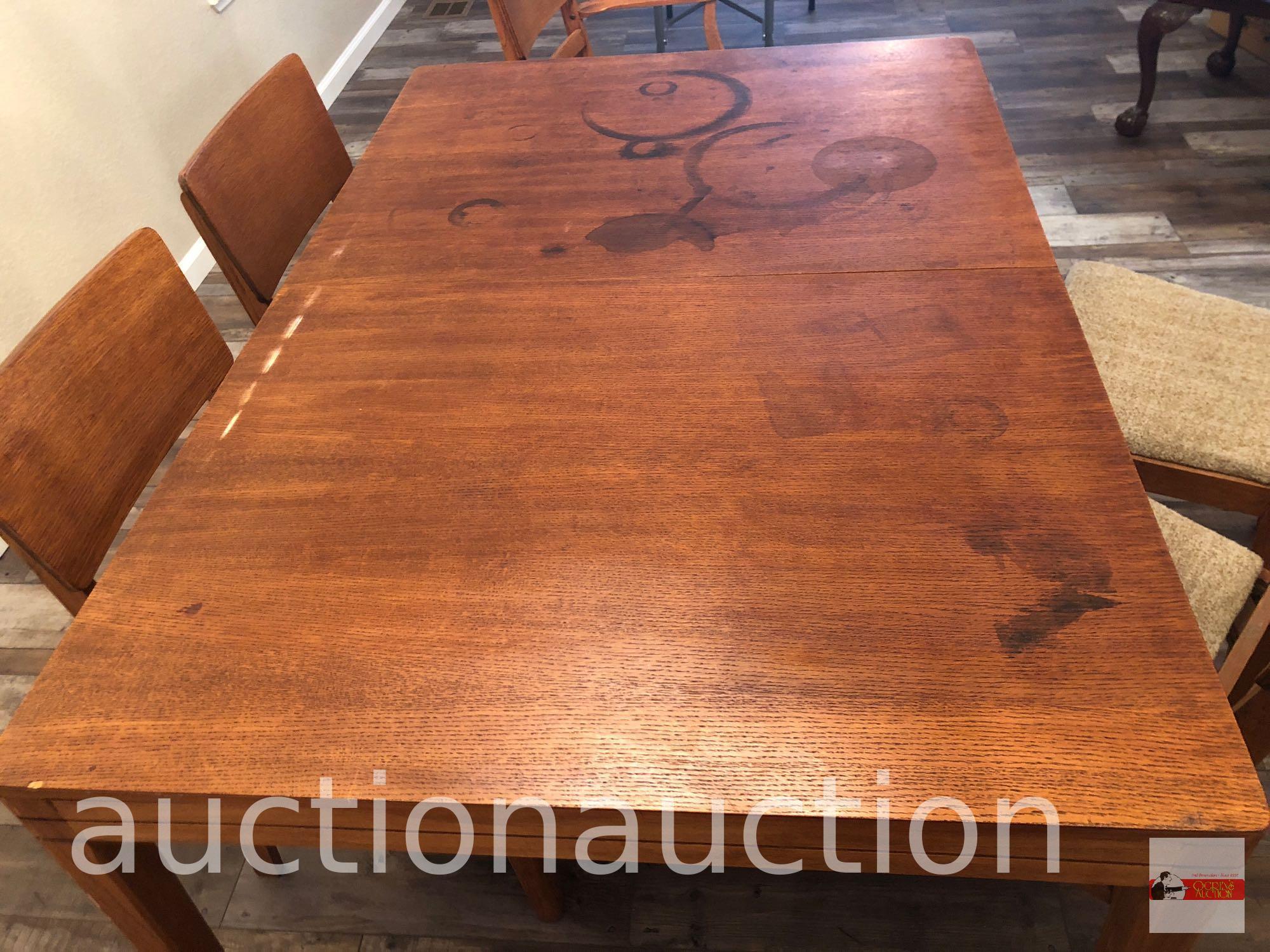 Furniture - Table and 5 upholstered seated chairs, 4 side, 1 captains, (table top stained), 40"X60"