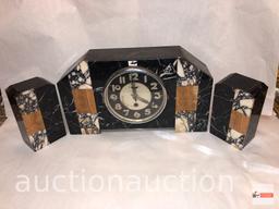 Art Deco marble mantle clock 15"wx3.5"dx8.5"h with 2 matching bookends, 3.75"wx2.5"dx6.5"h