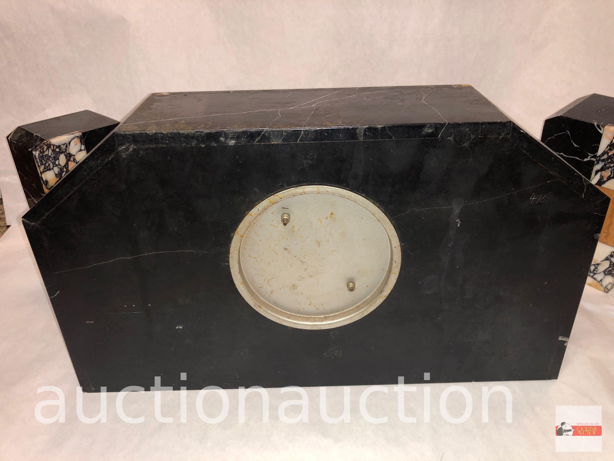 Art Deco marble mantle clock 15"wx3.5"dx8.5"h with 2 matching bookends, 3.75"wx2.5"dx6.5"h