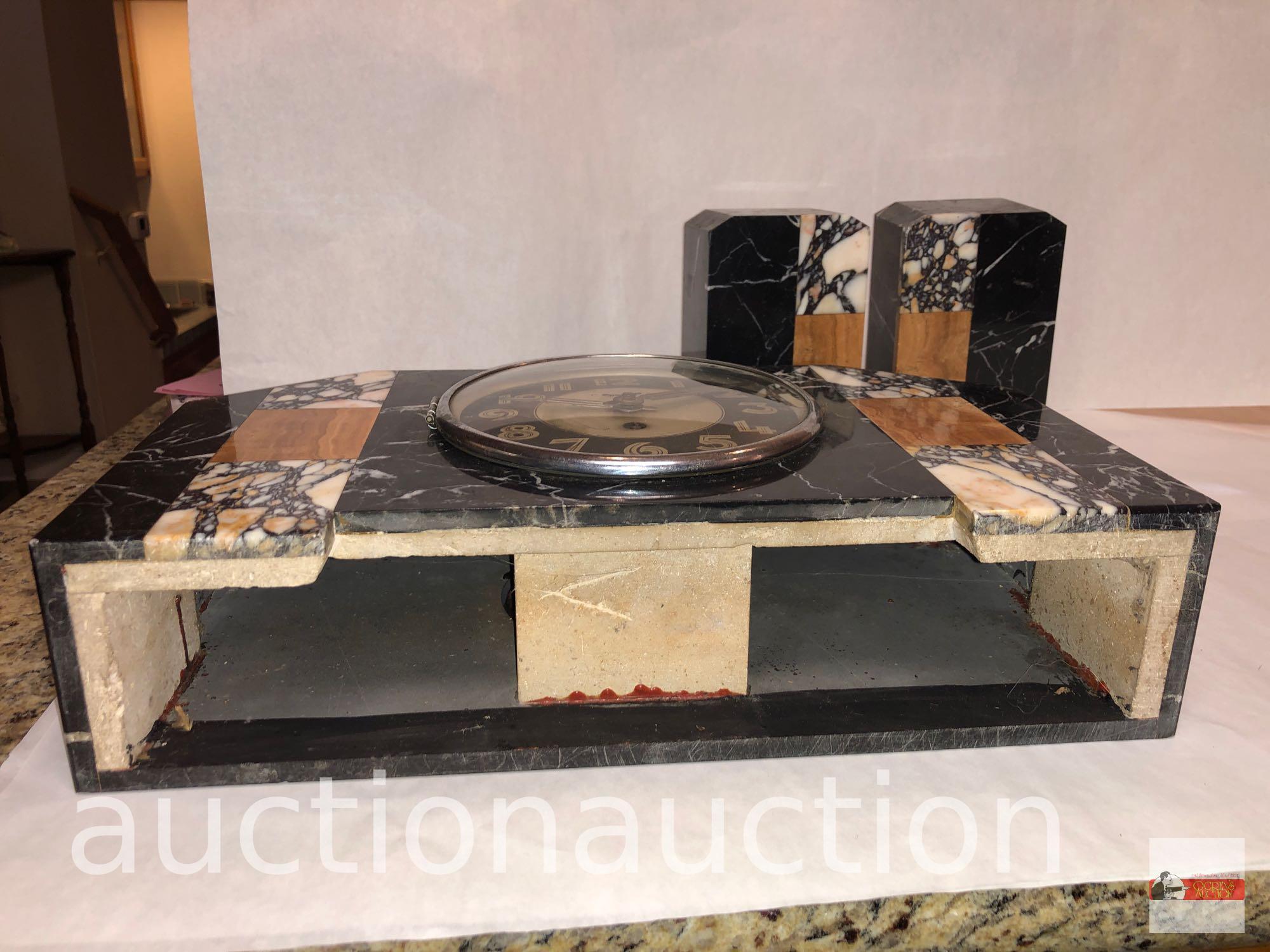 Art Deco marble mantle clock 15"wx3.5"dx8.5"h with 2 matching bookends, 3.75"wx2.5"dx6.5"h