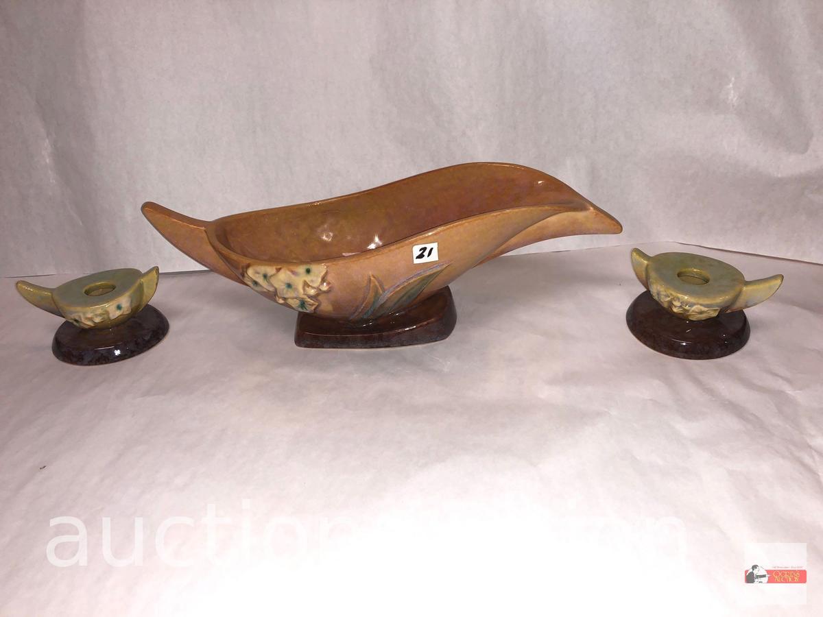 Roseville Pottery - 1948 Wincraft console bowl #227-10, Brown & pr. Wincraft brown candleholder #251