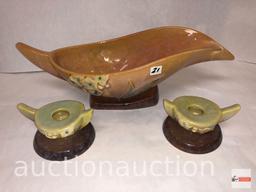 Roseville Pottery - 1948 Wincraft console bowl #227-10, Brown & pr. Wincraft brown candleholder #251