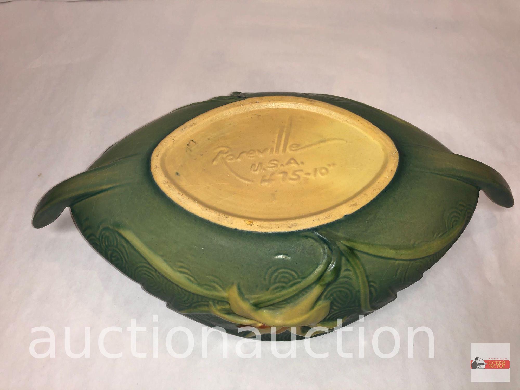 Roseville Pottery - 1946 Zephyr Lily console bowl, #475-10, green, 14"wx7"dx3.75"h