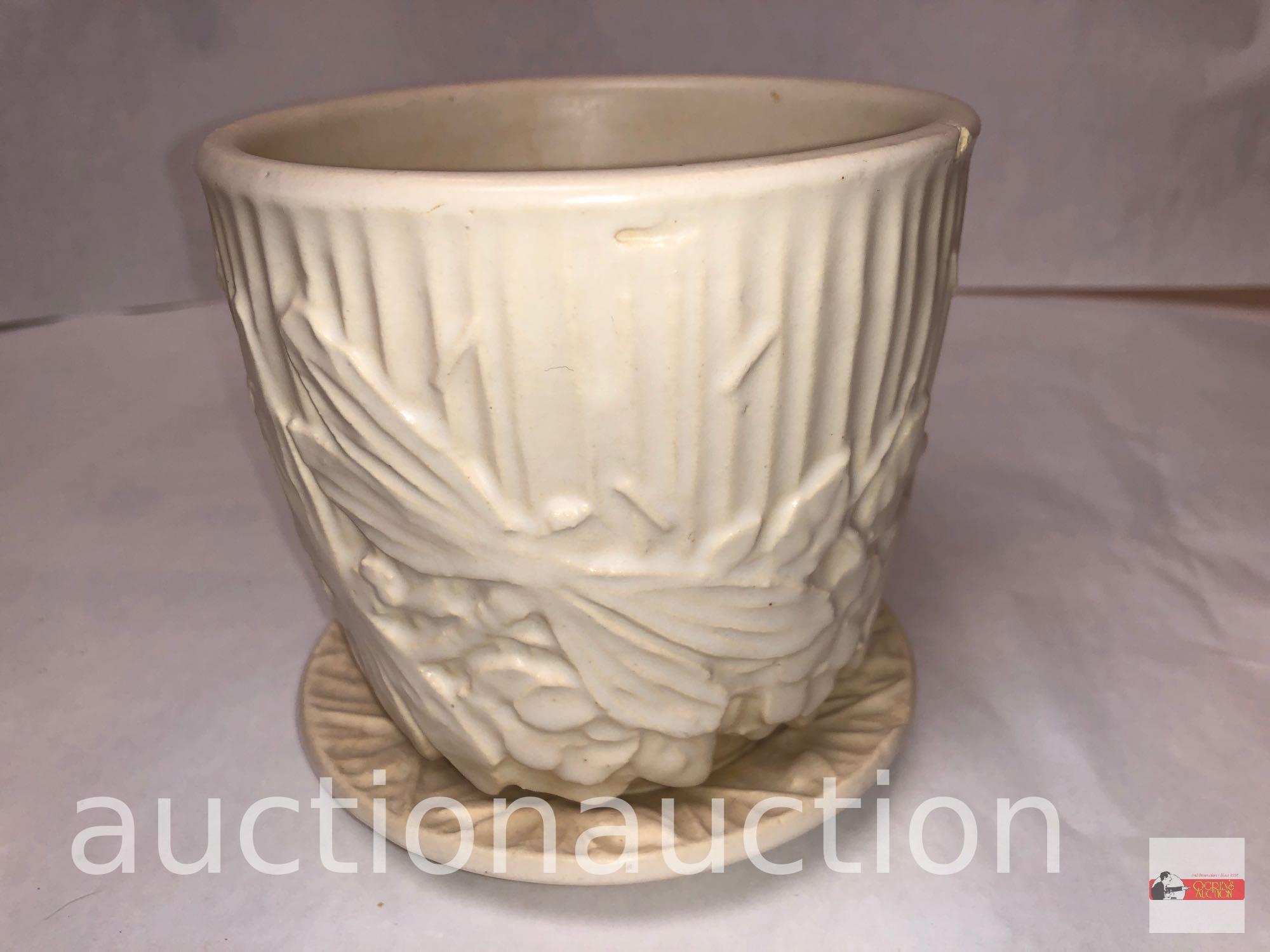 Pottery - 4 McCoy planters - embossed dragonfly, bamboo, flowers