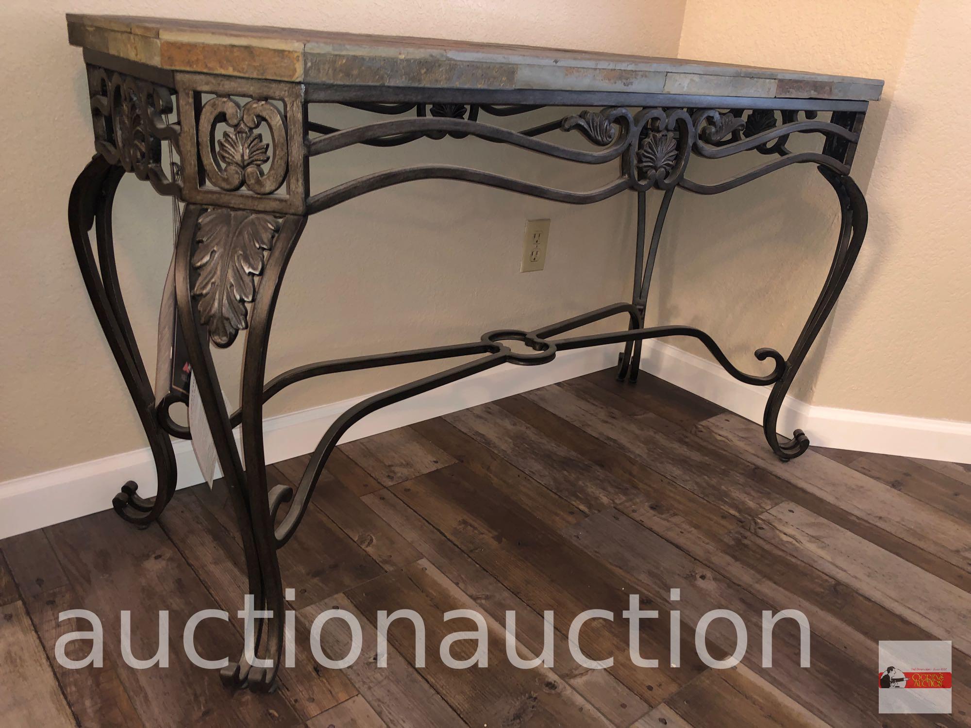 Furniture - Ashley World Class occasional collection, slate top iron sofa table, 48"wx20"dx29.5"h