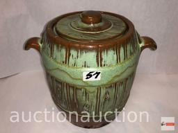 Frankcoma pottery - 2 items, barrel pot w/lid and leaf dish, green/brown Ada clay, prior to 1955