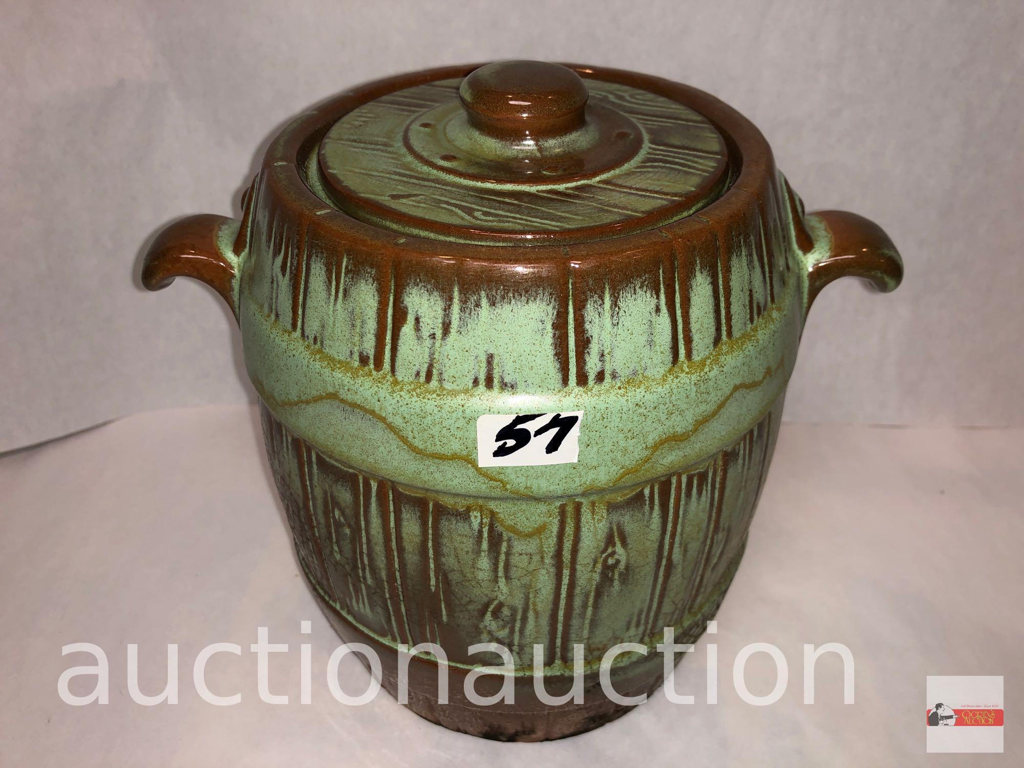 Frankcoma pottery - 2 items, barrel pot w/lid and leaf dish, green/brown Ada clay, prior to 1955