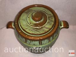 Frankcoma pottery - 2 items, barrel pot w/lid and leaf dish, green/brown Ada clay, prior to 1955