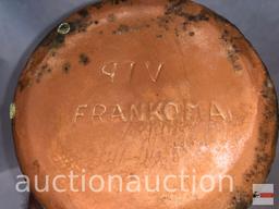 Frankcoma pottery - 2 items, barrel pot w/lid and leaf dish, green/brown Ada clay, prior to 1955