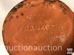 Frankcoma pottery - 2 items, barrel pot w/lid and leaf dish, green/brown Ada clay, prior to 1955