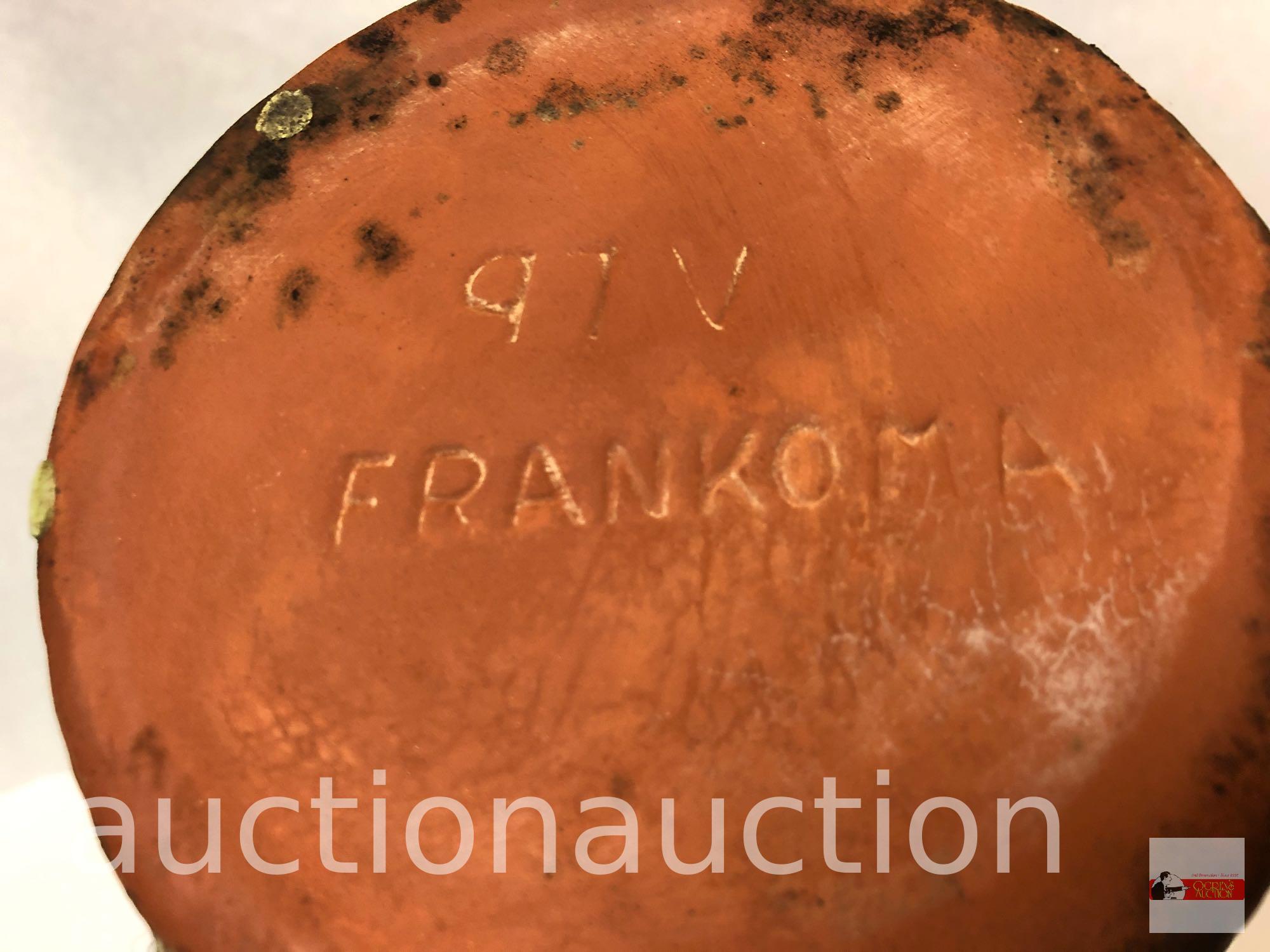 Frankcoma pottery - 2 items, barrel pot w/lid and leaf dish, green/brown Ada clay, prior to 1955