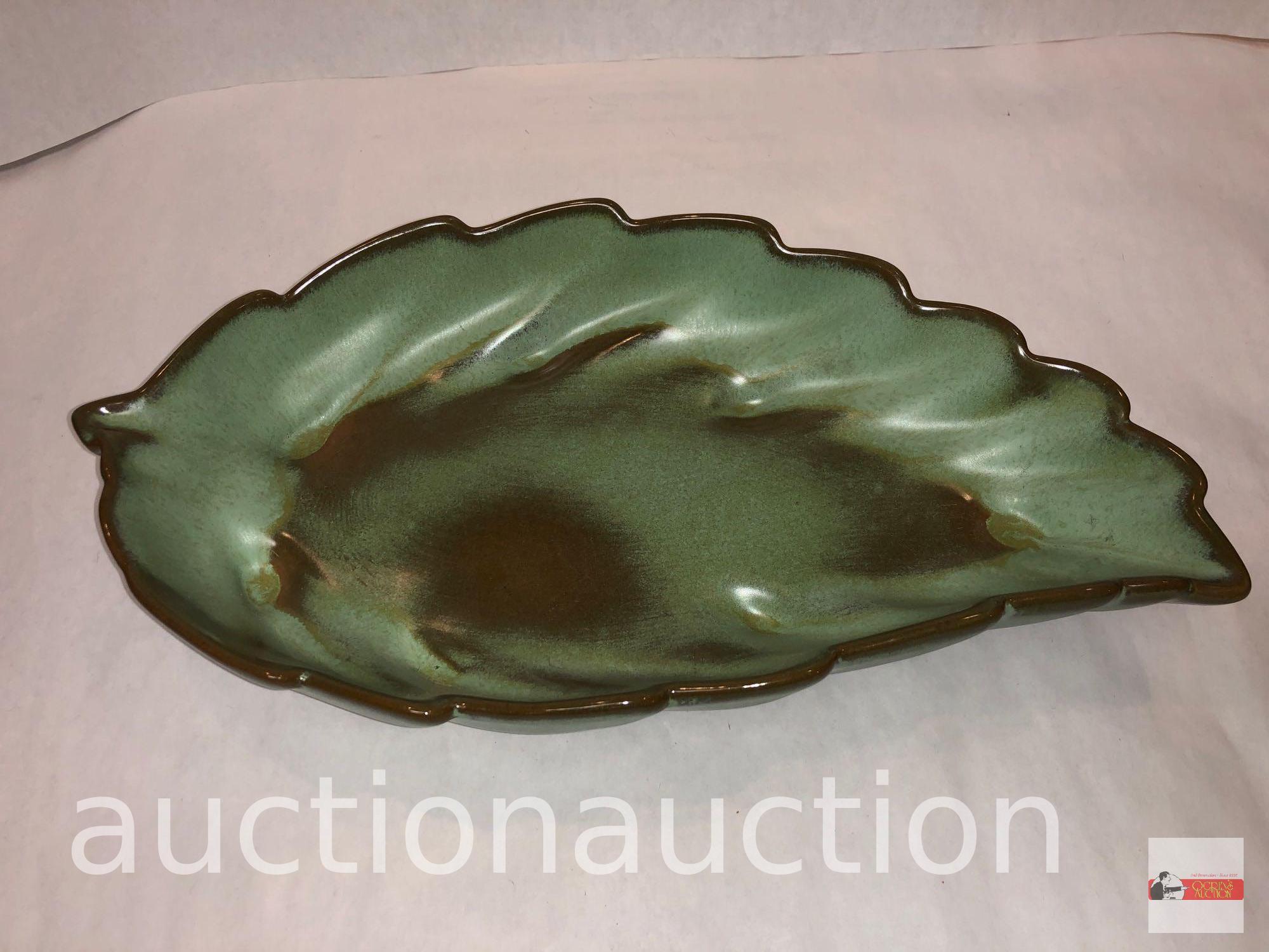Frankcoma pottery - 2 items, barrel pot w/lid and leaf dish, green/brown Ada clay, prior to 1955