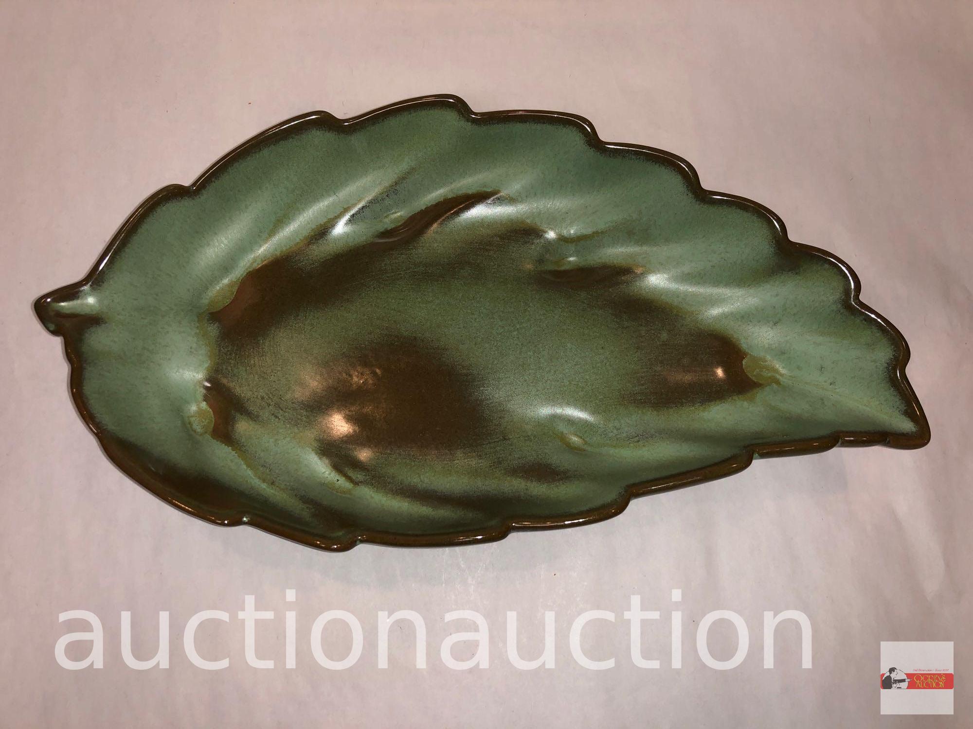 Frankcoma pottery - 2 items, barrel pot w/lid and leaf dish, green/brown Ada clay, prior to 1955