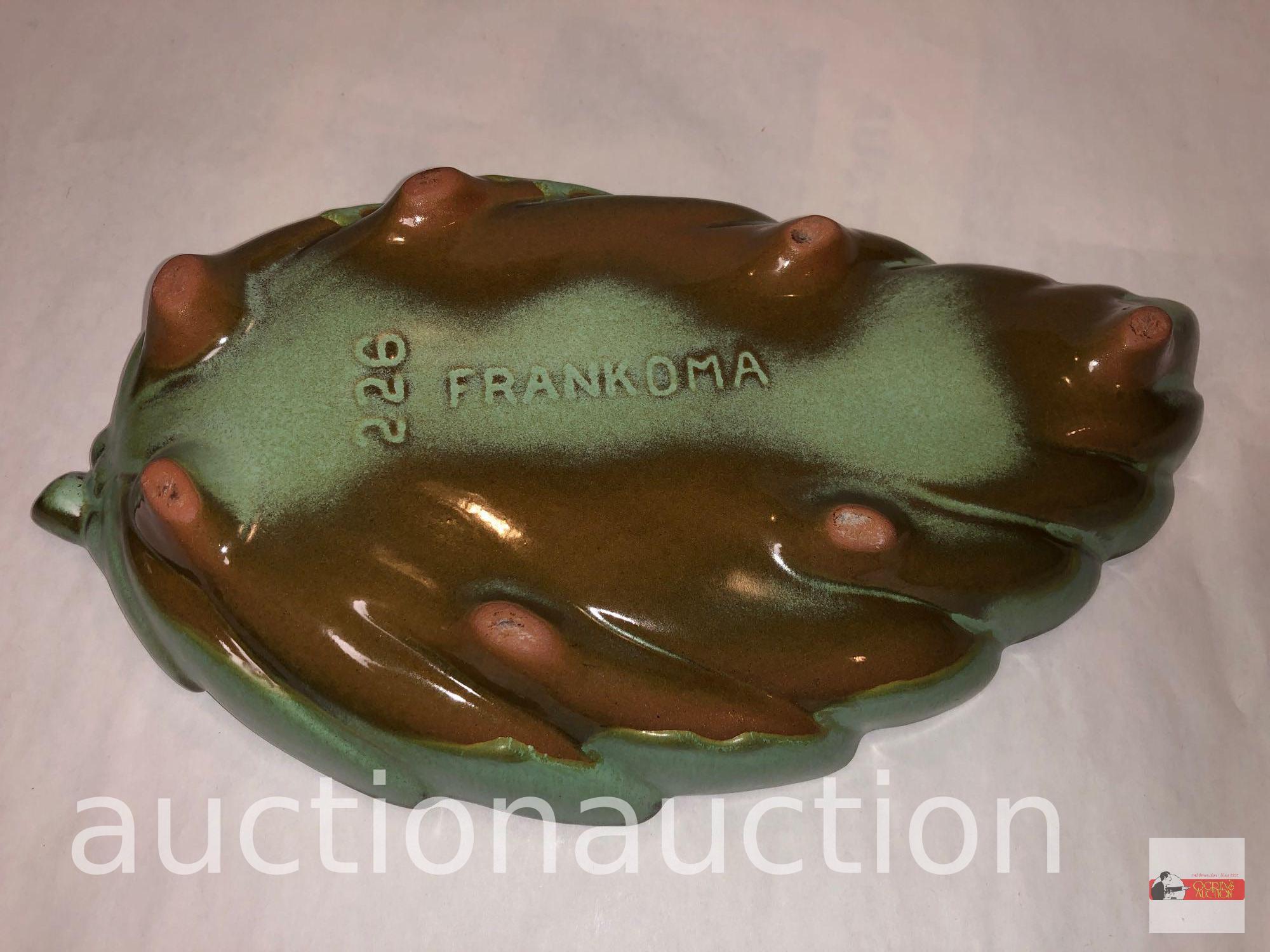 Frankcoma pottery - 2 items, barrel pot w/lid and leaf dish, green/brown Ada clay, prior to 1955