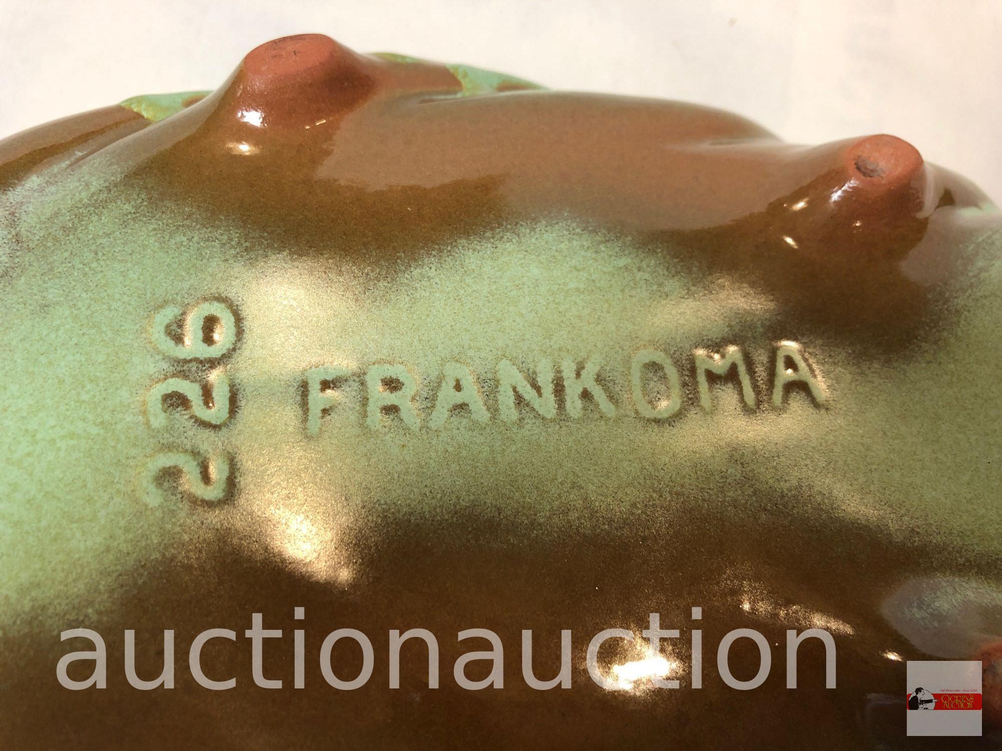 Frankcoma pottery - 2 items, barrel pot w/lid and leaf dish, green/brown Ada clay, prior to 1955