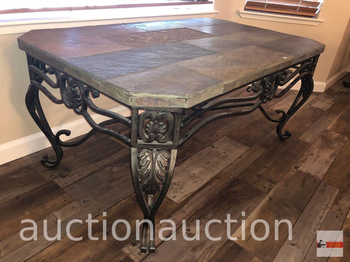 Furniture - Ashley World Class occasional collection, slate top iron coffee table, 48"wx28"dx22"h
