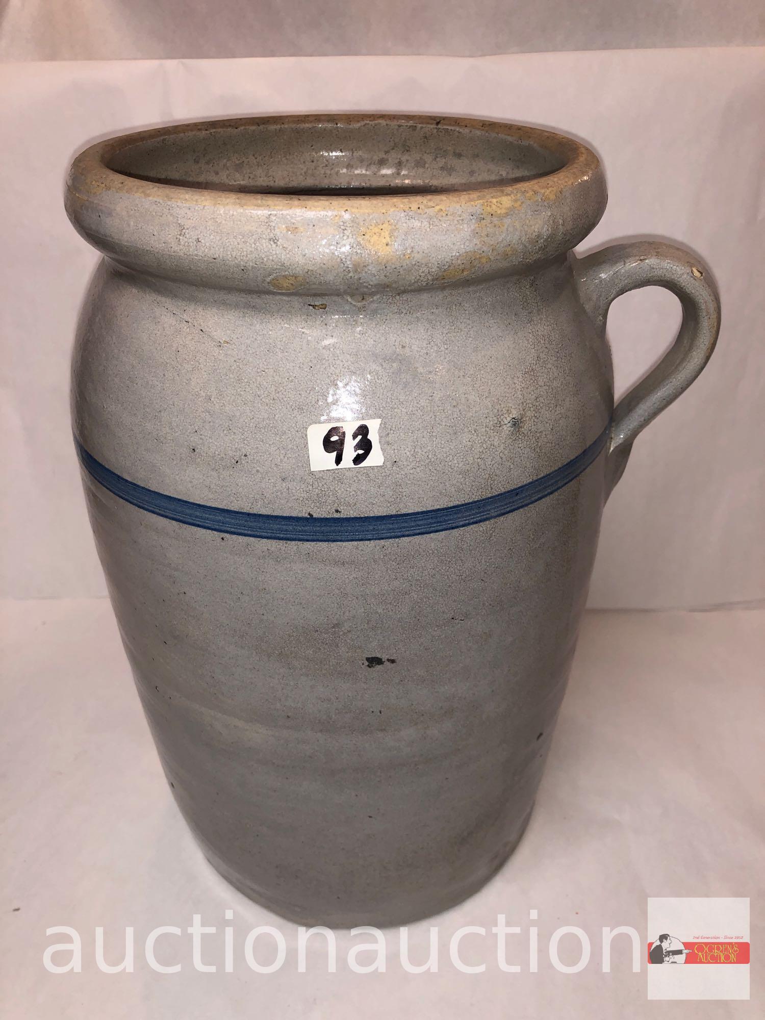 Stoneware crock urn, finger handle
