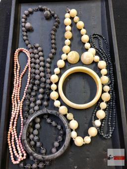 Jewelry - 4 beaded necklaces and 2 bangle bracelets, stone ones hand tied and knotted