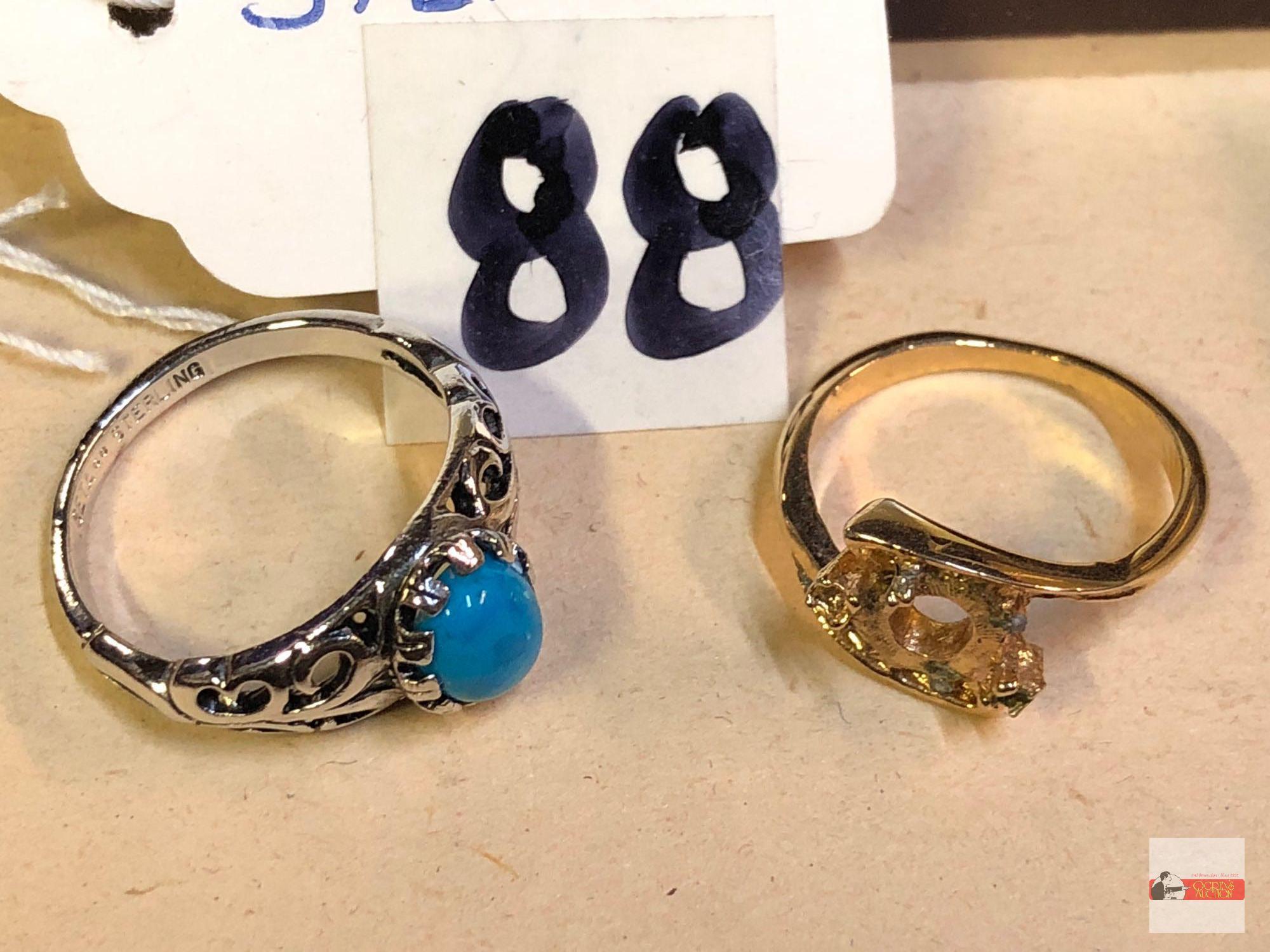 Jewelry - rings, 2, 1 marked sterling w/turquoise stone and 1 empty setting